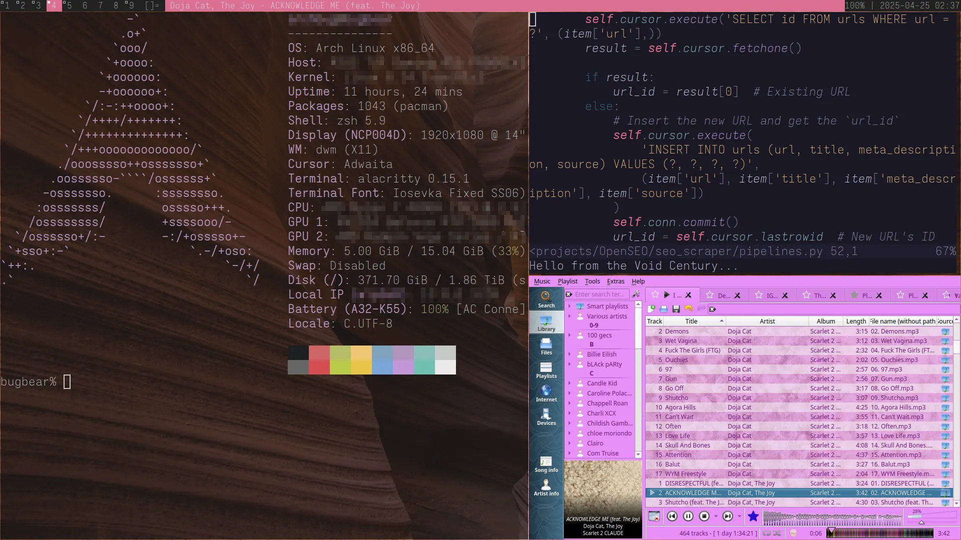 A customized Arch Linux desktop running dwm, showing tiled terminal windows with fastfetch system info, Python code in neovim, and the Clementine music player.