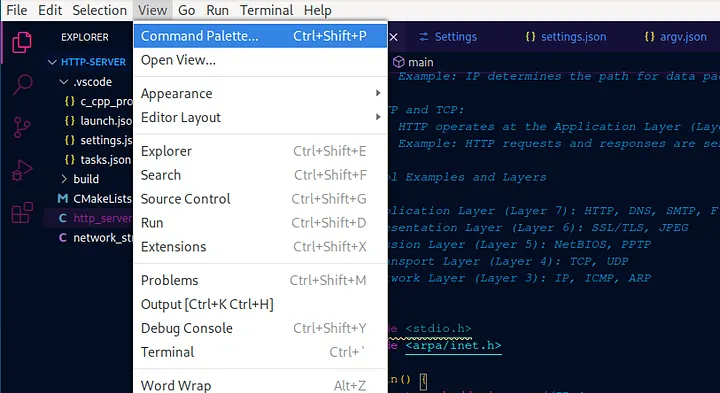 A screenshot of VSCodium with the "View" menu dropdown expanded and the "Command Palette" option selected.
