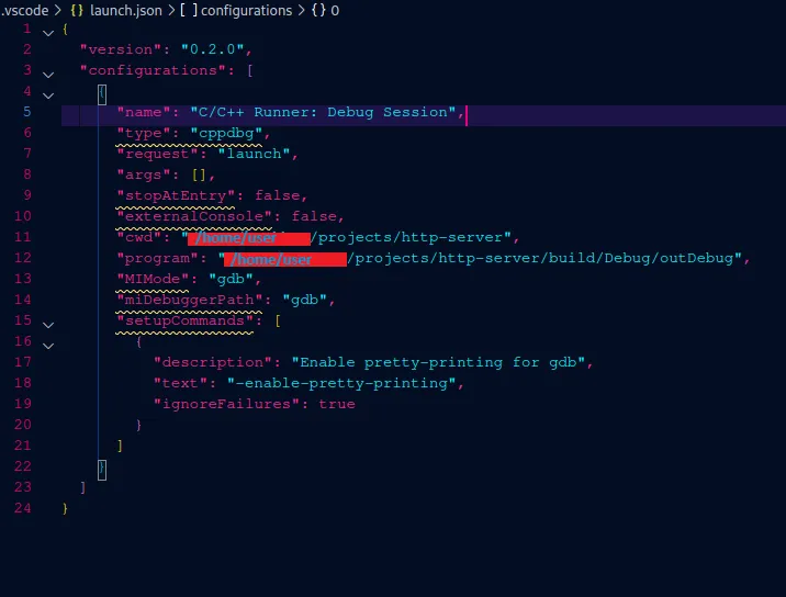 A screenshot showing the contents of an auto-populated launch.json file for debugging C and C++ files in VSCode.