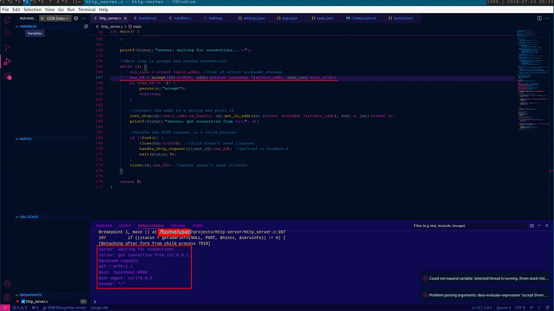 A screenshot of a VSCodium instance showing an HTTP server written in C receiving an HTTP request.