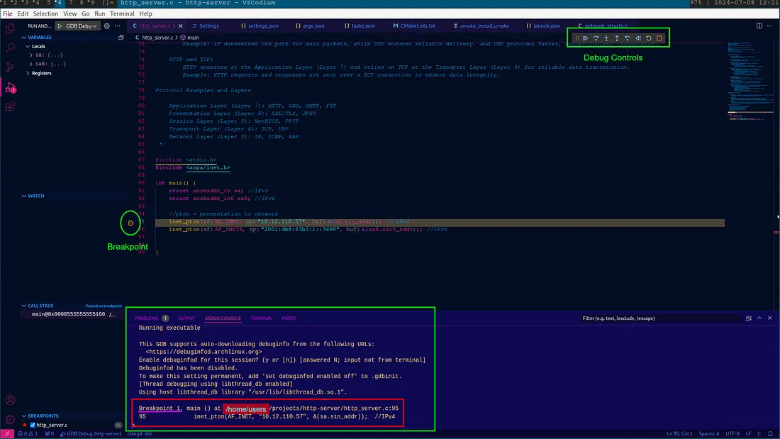A screenshot of a VSCodium instance showing a debug interface for aa simple C program.