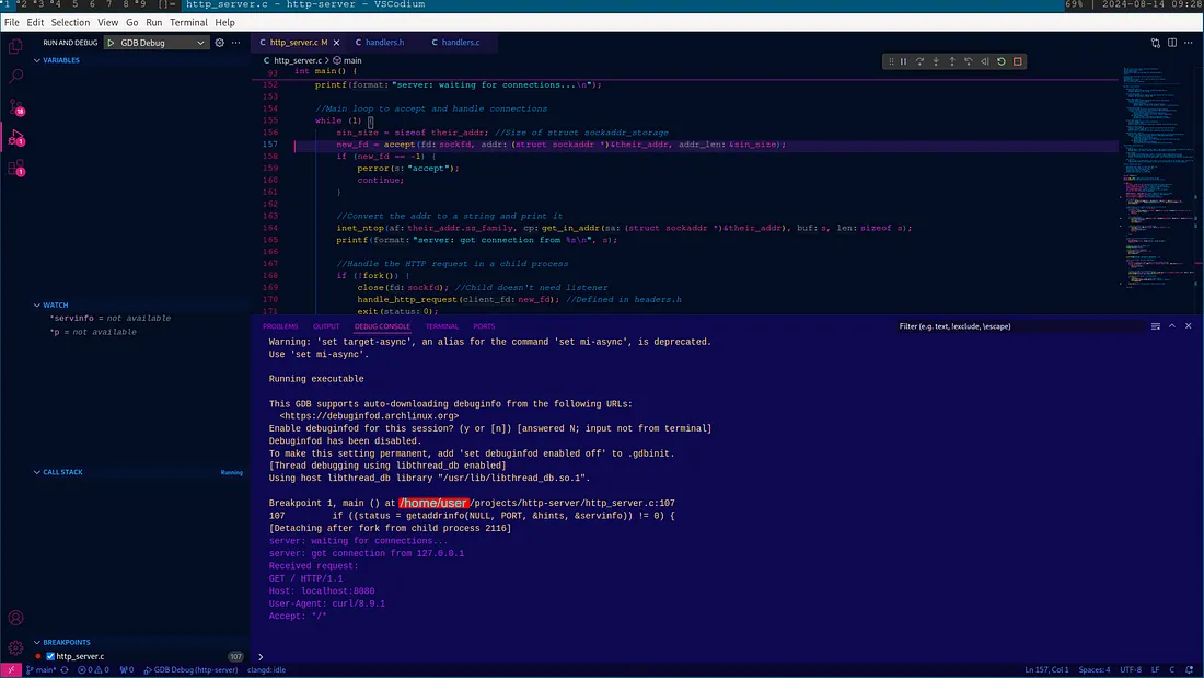 A screenshot of a C HTTP server being debugged in the VSCodium IDE. The program's execution is paused on the `accept()` function, and the debug console below shows the captured text of an incoming `GET / HTTP/1.1` request from a `curl/8.0.1` user-agent.