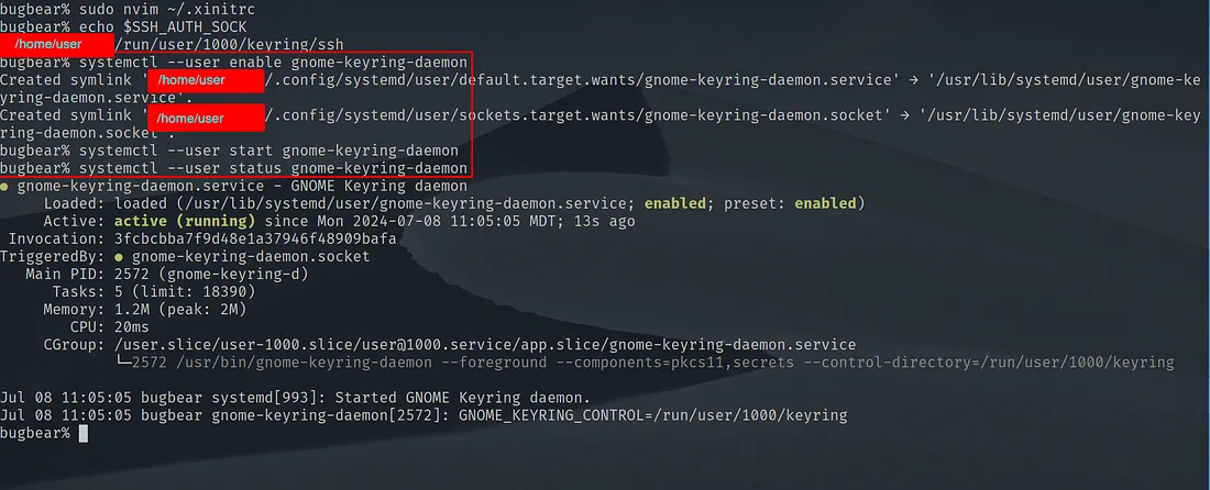 A screenshot of a Linux terminal displaying status information for the systemd daemon gnome-keyring-daemon.
