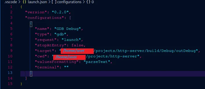 A screenshot showing the contents of the launch.json file in VSCodium configured for debugging with the Native Debug extension.