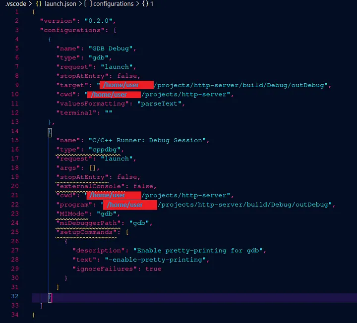 A screenshot showing the contents of the launch.json file that have been automatically reverted back to the default, incompatible config after saving.