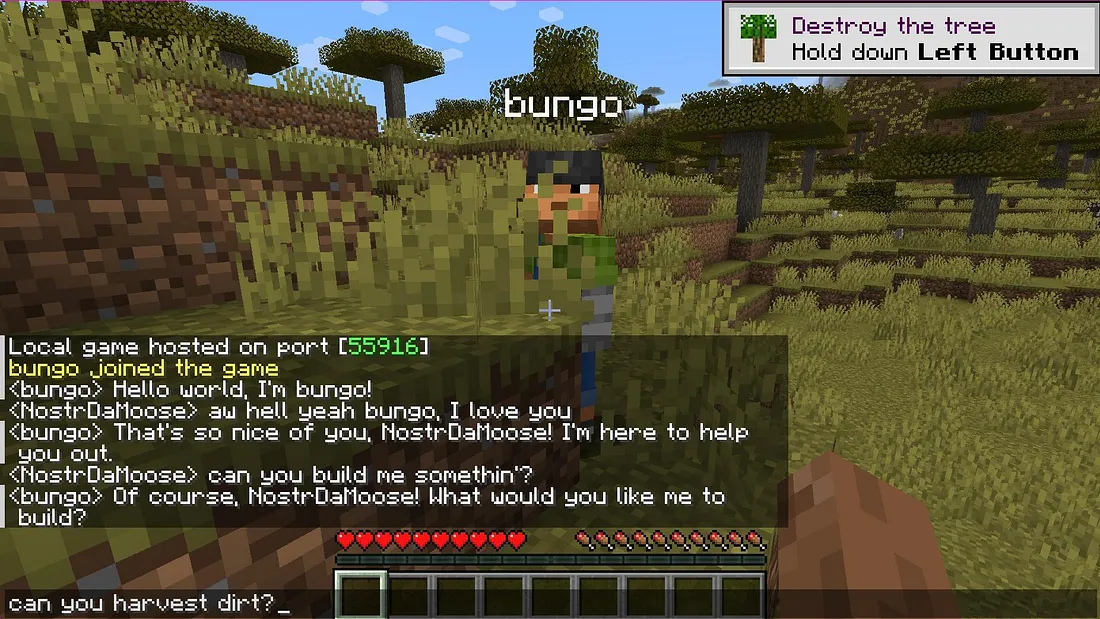 A Minecraft screenshot shows a player interacting with an AI agent named "bungo" via the in-game chat. The chat log shows the player, "NostrDaMoose," asking the agent to build something, and "bungo" agreeing to help.