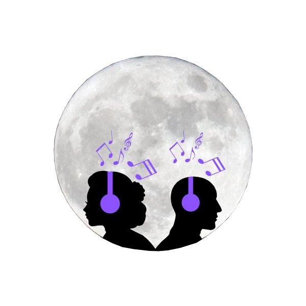 Two silhouettes of people listening to music in front of a background of the moon.
