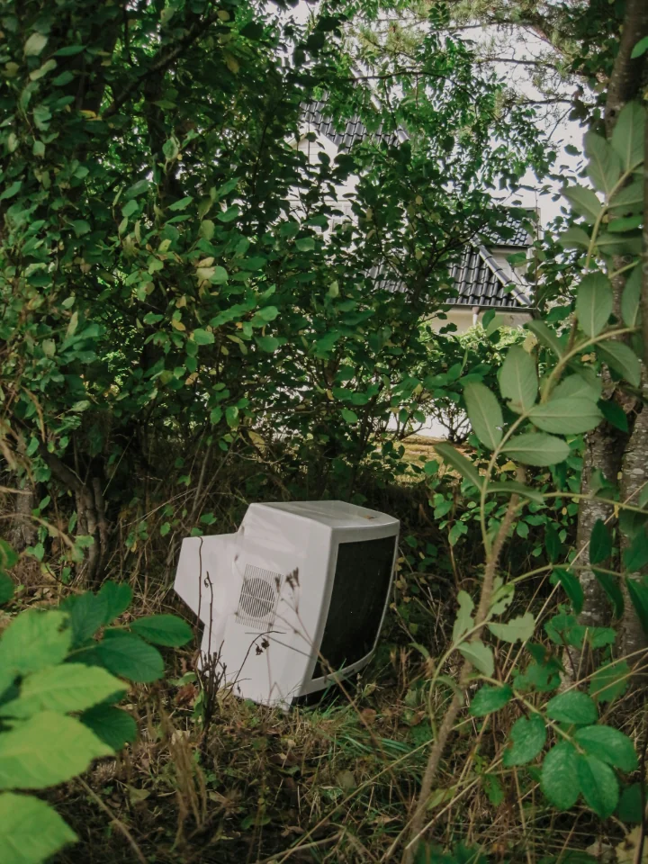 An old TV sitting in the middle of the forest