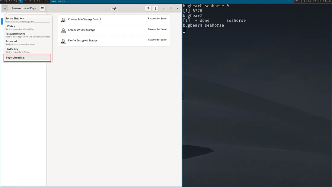 A screenshot of a Linux terminal session using a window manager to display the command for opening seahorse and the seahorse GUI.