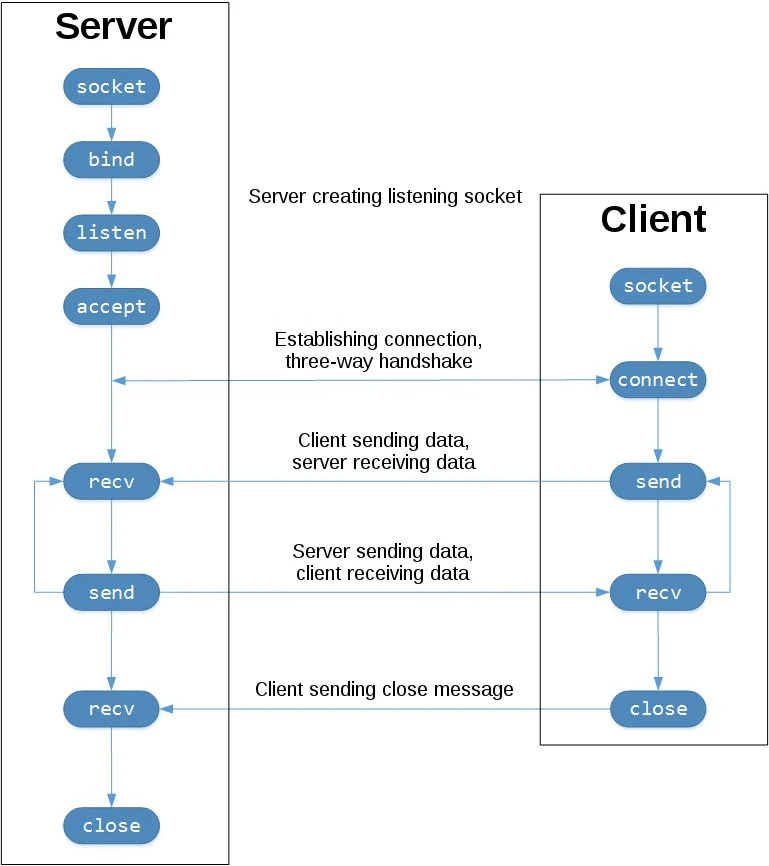 A flowchart diagram illustrates the TCP socket communication flow between a 'Server' and a 'Client.' The server executes socket, bind, listen, and accept, while the client executes socket and connect. Arrows between them show the three-way handshake, followed by data exchange (send/recv) and finally a close message from the client.