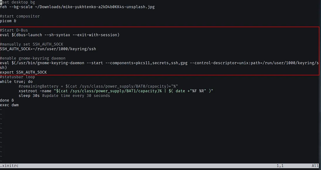 A screenshot of an nvim instance displaying the author's xinitrc configuration. The configuration for passwordless SSH authentication is highlighted by a red rectangular border.