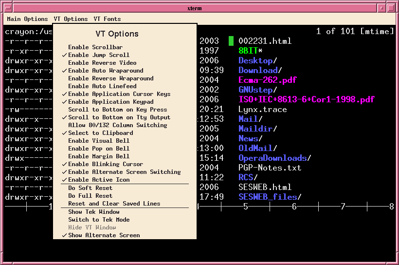 An Xterm terminal window showing VT emulation options. The background shows a user’s home directory as the output from the `ded` command.